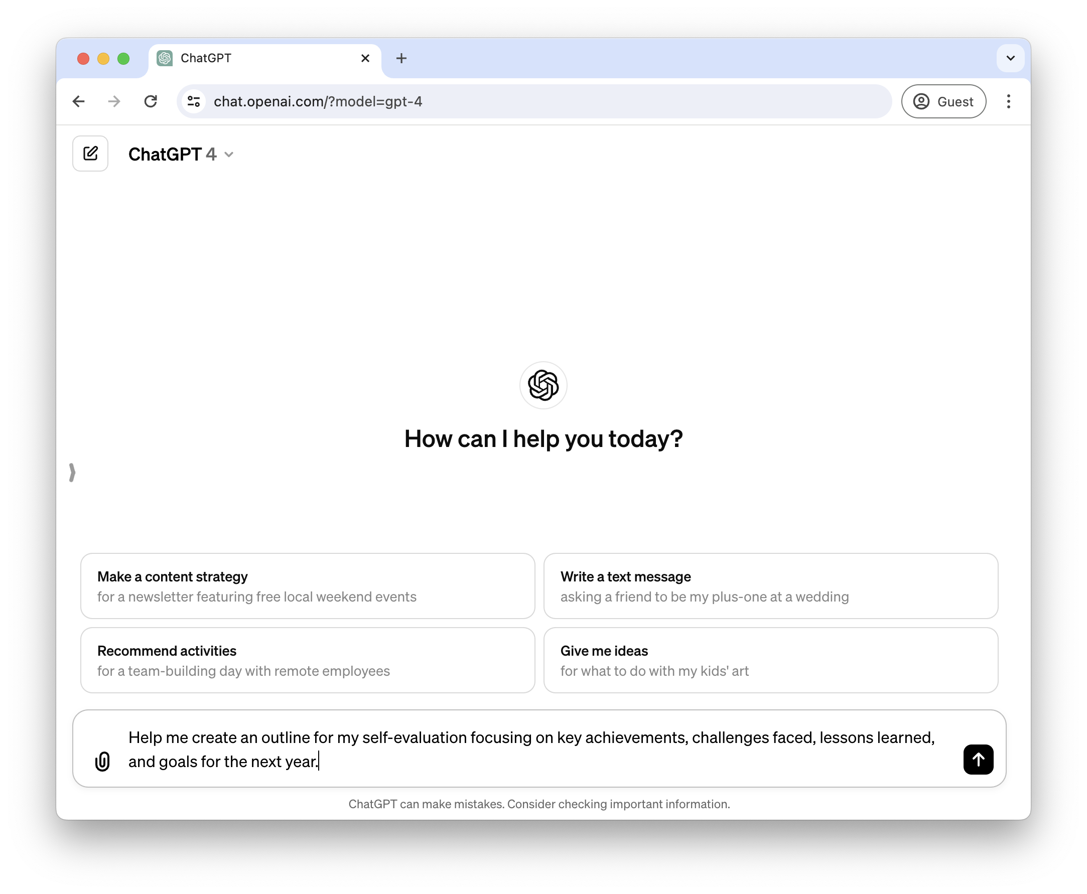 Use ChatGPT to create an outline of your self-evaluation.