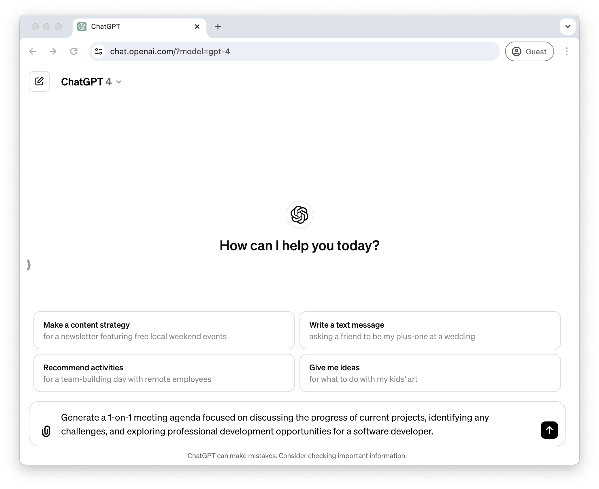 Use ChatGPT to create a basic 1-on-1 meeting agenda.