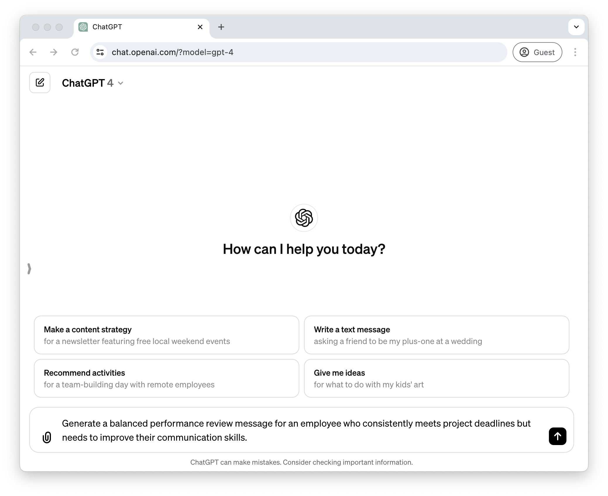 Use ChatGPT to create a basic performance review.